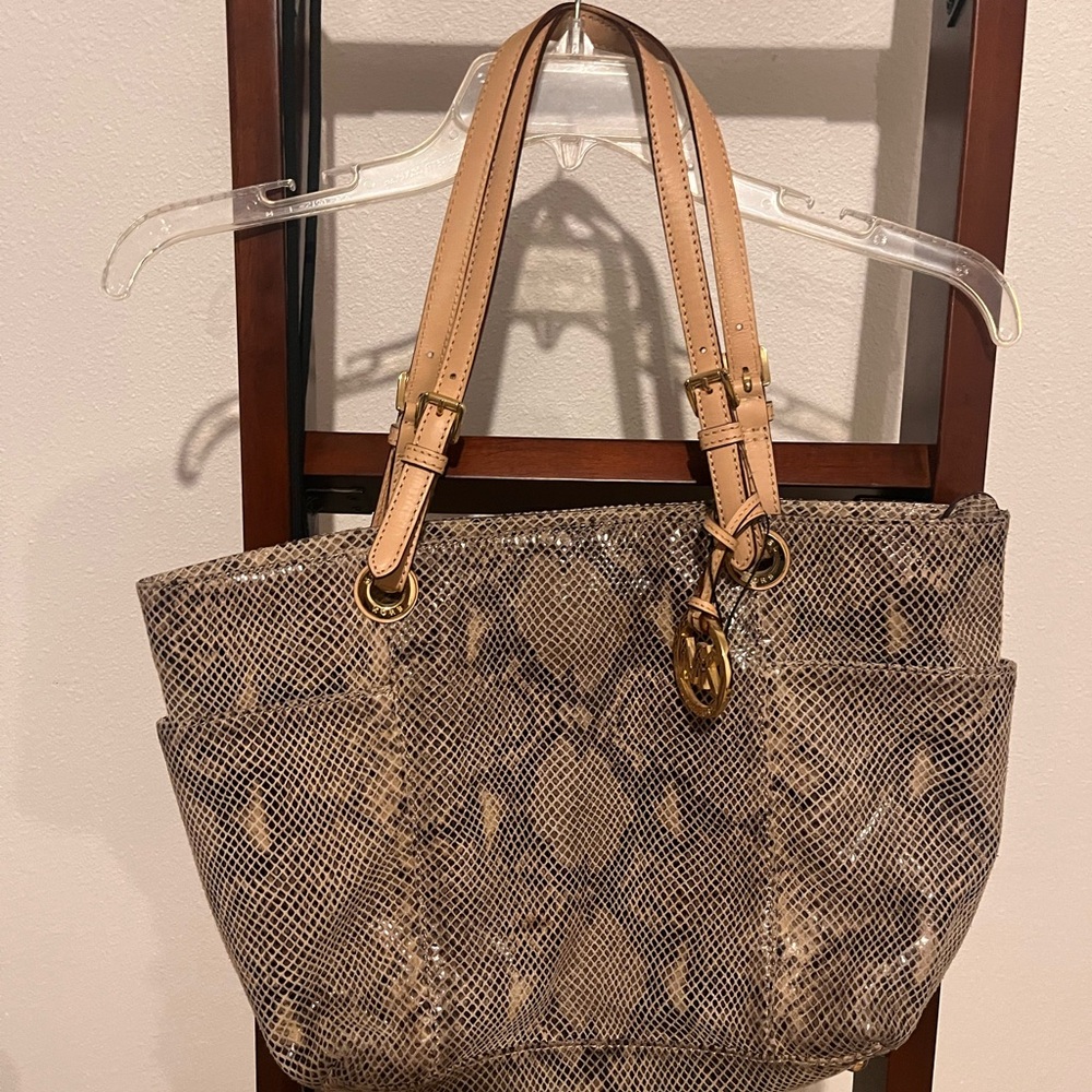 MICHAEL Michael Kors Tan Tote Bag with Snakeskin Print